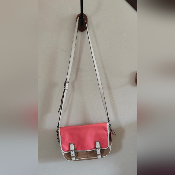 Coach Leather Colour Block Salmon/Tan/Ivory Crossbody Satchel Bagl - Picture 2 of 11
